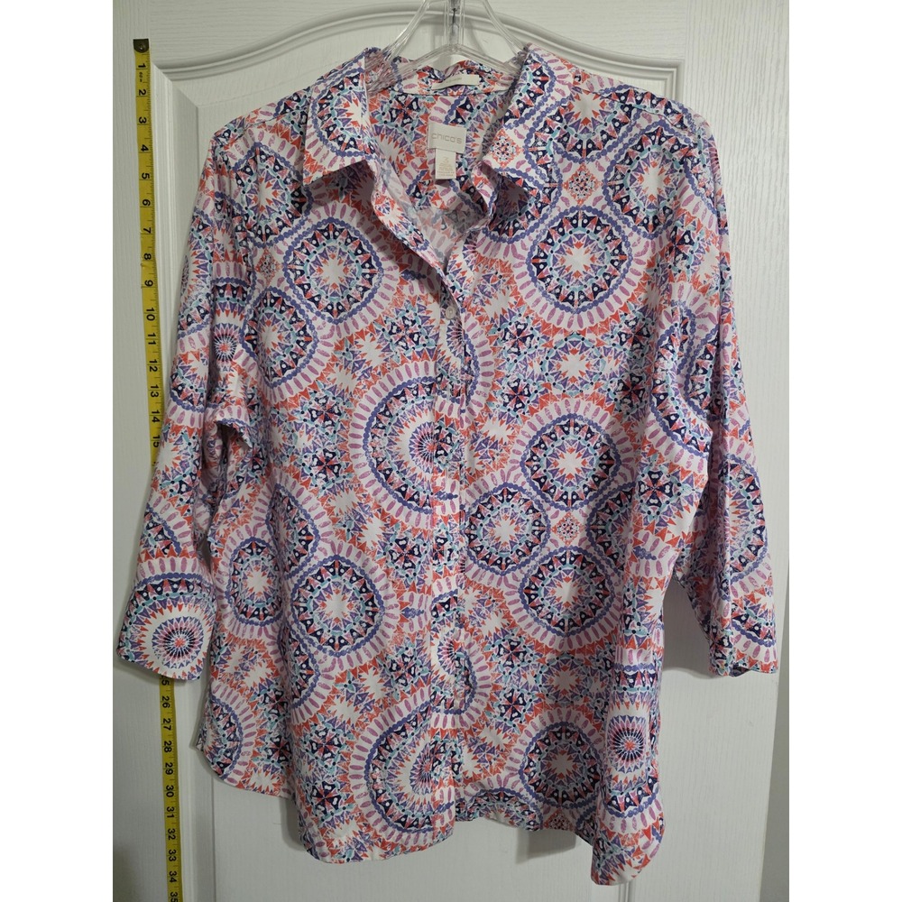 Chicos Button Down Womens 3 White Geometric No-Iron Mandala 3/4 Sleeve Shirt